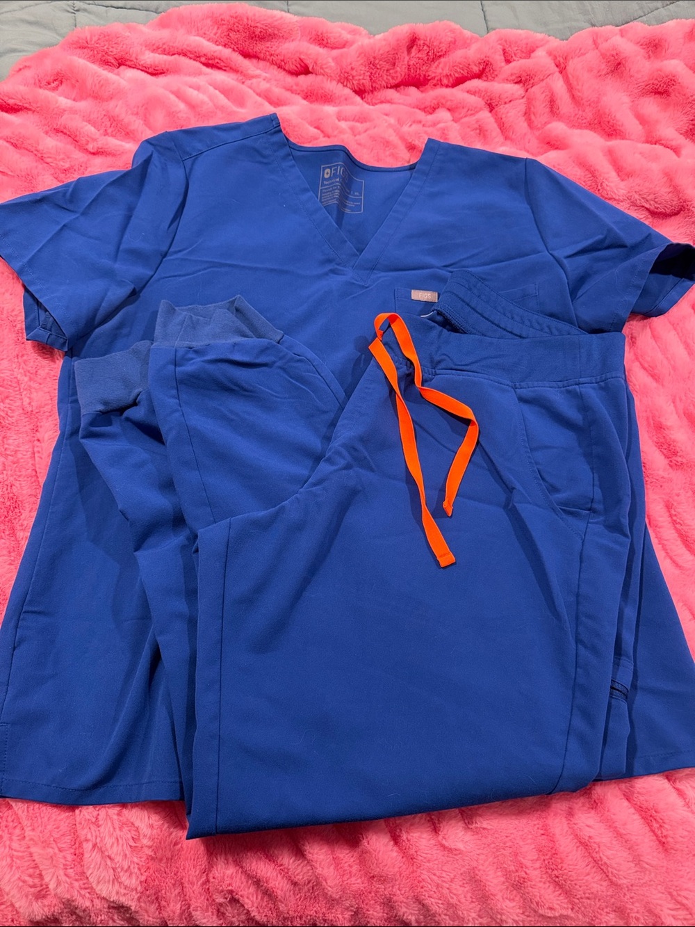 Royal Blue Figs Scrub Set with Orange Drawstring